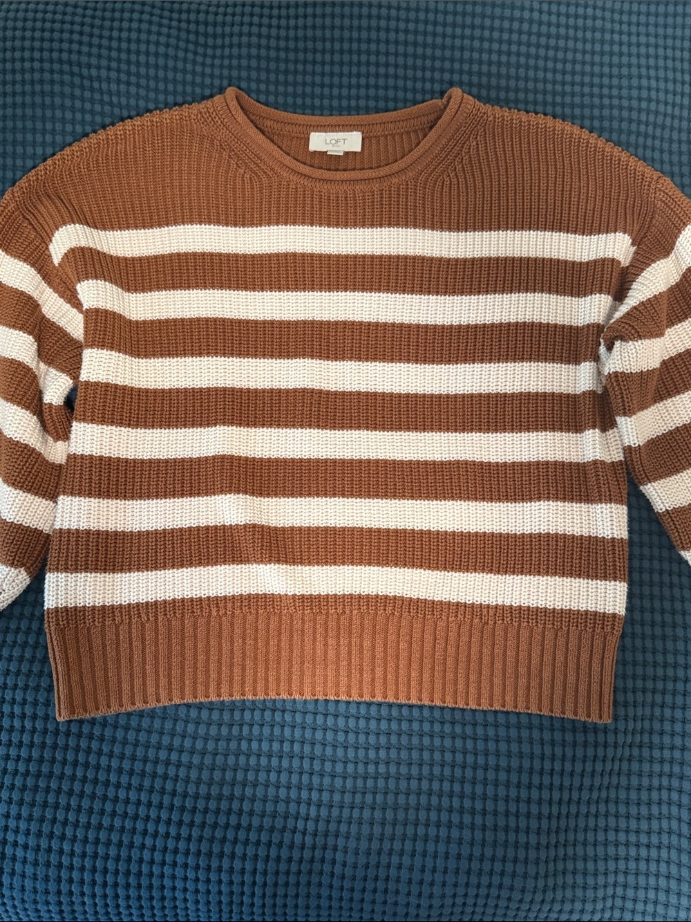 LOFT Striped Crewneck Sweater in Camel and Cream